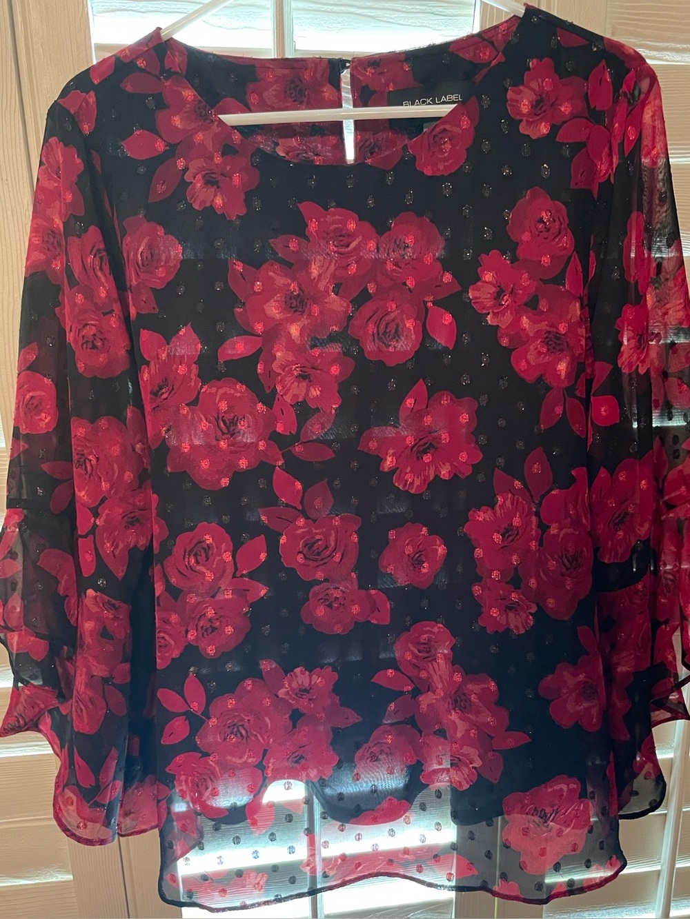 Black Label by Evan Picone Red & Black Floral Chiffon Women’s Blouse